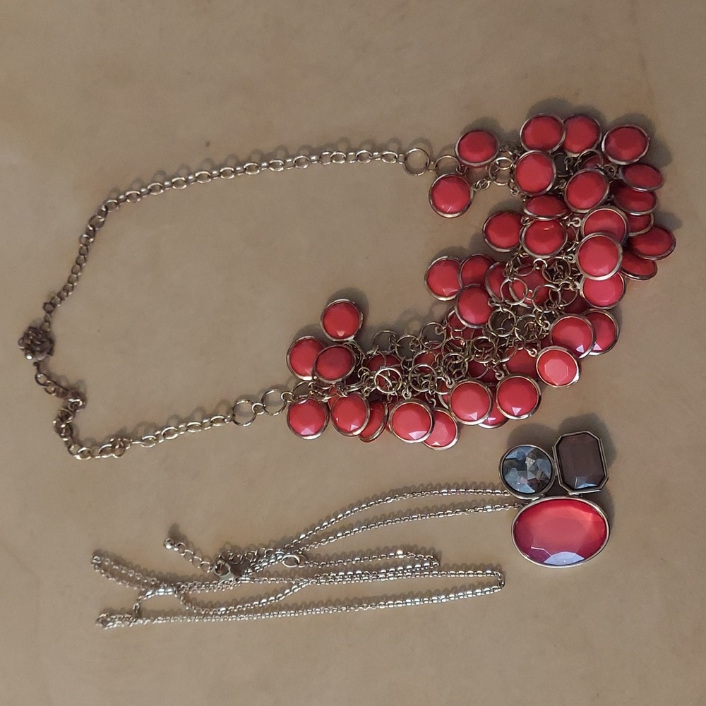 Y2k Coral Crystal Glass Stones Bib Necklace & Long Gem Necklace Set 2 LIKE NEW